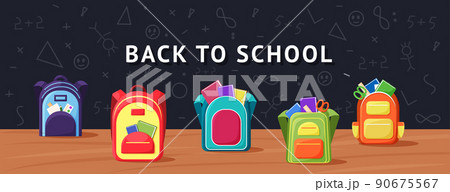 Cartoon schoolbag. Back to school. Knapsacks for kids and students. Chalk blackboard and colorful backpacks. Rucksacks with pupils stationery and textbooks. Vector college and university education 90675567