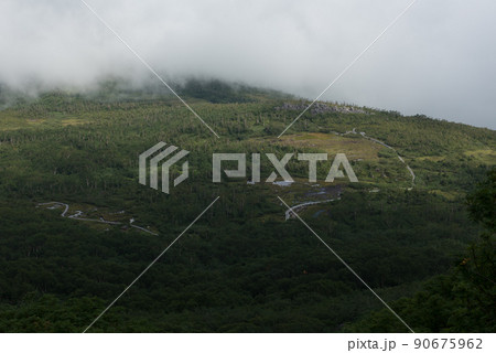 長野県富山県にある日本百名山の白馬岳への白馬大池経由のルートの天狗原と乗鞍岳の間から観える天狗原 90675962