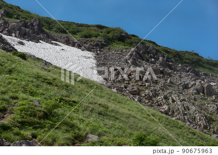 長野県富山県にある日本百名山の白馬岳への白馬大池経由のルートの天狗原と乗鞍岳の間の雪渓の景色 長野県富山県にある日本百名山の白馬岳への白馬大池経由のルートの天狗原と乗鞍岳の間の雪渓の景色 90675963