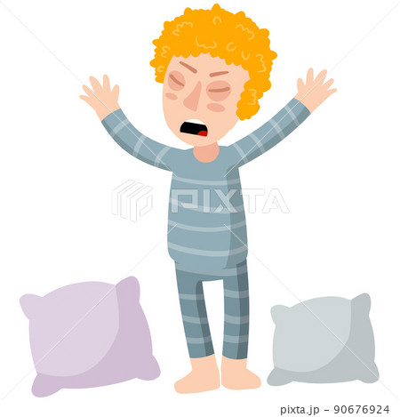 Child in pajamas. Red hair boy awake and yawning. Child in pajamas. Red hair boy awake and yawning. 90676924