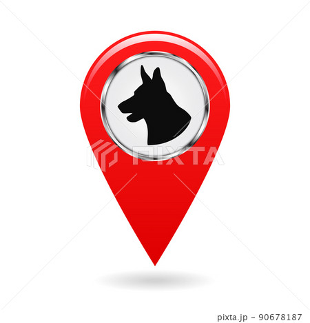 Pointer on the map. Location on the ground protected by dogs. The sign with the silhouette of a dog s head. Isolated object. Red pointer. White background. Vector illustration. 90678187