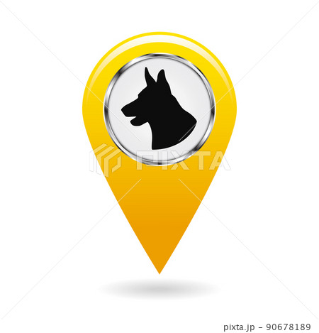 Pointer on the map. Location on the ground protected by dogs. The sign with the silhouette of a dog s head. Isolated object. Yellow pointer. White background. Vector illustration. 90678189