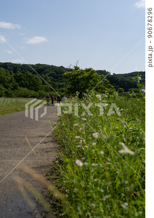 川沿いの歩道を散歩する人たち 90678296
