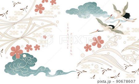 Japanese background with chrysanthemum floral vector. Peony  flower and chinese wave and cloud decorations in vintage style. Crane birds and watercolor texture card design. 90678607