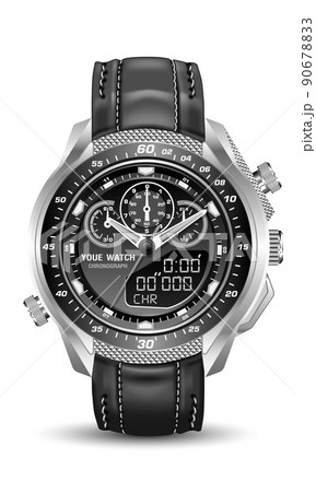 Realistic watch clock silver black leather strap on grey design classic luxury vector 90678833