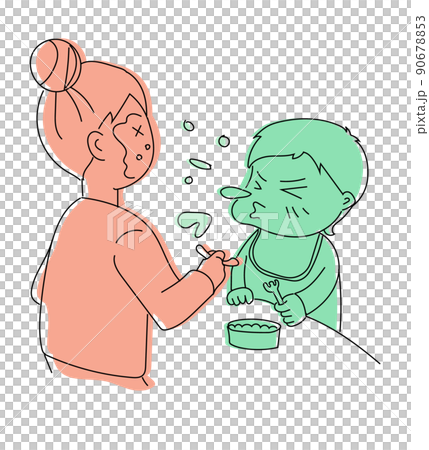 A child who sneezes while eating and a mother who has baby food on her face A child who sneezes while eating and a mother who has baby food on her face 90678853