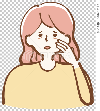 一個關心她的眼睛的女人，一張煩惱的臉，一個簡單的插圖 90679313