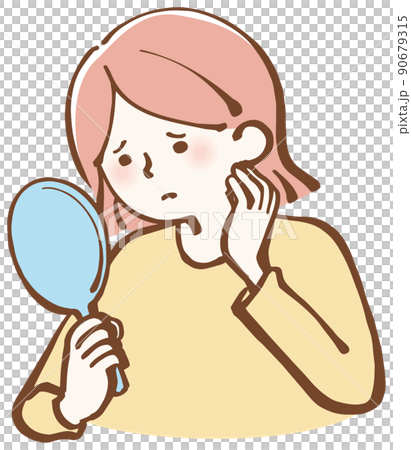 一位擔心自己皮膚狀況的女性的插圖 一位擔心自己皮膚狀況的女性的插圖 90679315