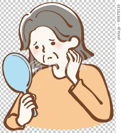 一位擔心自己皮膚狀況的高級女性的插圖 一位擔心自己皮膚狀況的高級女性的插圖 90679316