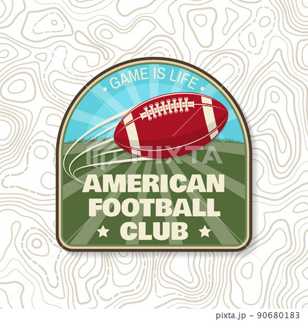 American football or rugby club badge. Vector. Concept for shirt, logo, print, stamp, tee, embroidery patch. Vintage typography design with flying american football ball silhouette 90680183