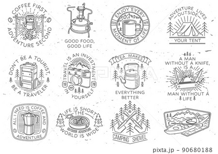 Set of camping badges, patches. Vector illustration Concept for shirt or logo, print, stamp or tee. Vintage line art design with camping equipment, forest, photo camera, primus, kettle, retro compass Set of camping badges, patches. Vector illustration Concept for shirt or logo, print, stamp or tee. Vintage line art design with camping equipment, forest, photo camera, primus, kettle, retro compass 90680188