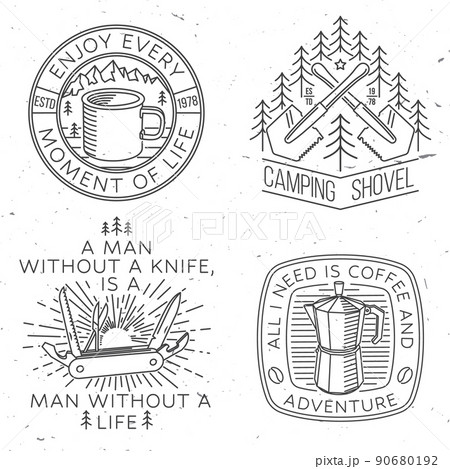 Set of travel inspirational quotes. Vector. Vintage line art design with retro camping tea kettle, pocket knife, camping tent and mug. Camping quote. Set of travel inspirational quotes. Vector. Vintage line art design with retro camping tea kettle, pocket knife, camping tent and mug. Camping quote. 90680192
