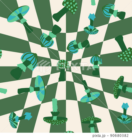 Magic psychedelic drug mushrooms seamless pattern. Psychedelic hallucination. 60-70s hippie colorful art. Vintage psychedelic textile 90680382