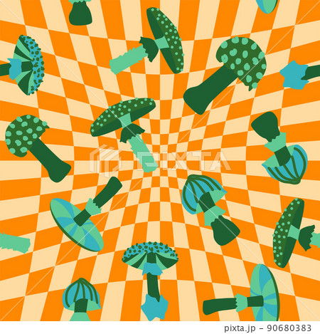 Magic psychedelic drug mushrooms seamless pattern. Psychedelic hallucination. 60-70s hippie colorful art. Vintage psychedelic textile Magic psychedelic drug mushrooms seamless pattern. Psychedelic hallucination. 60-70s hippie colorful art. Vintage psychedelic textile 90680383