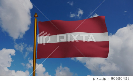 National flag of Latvia waving 3D Render with flagpole and blue sky, Latvijas karogs designed by Ansis Cirulis, Latvian flag, Flag of Republic of Latvia 90680435