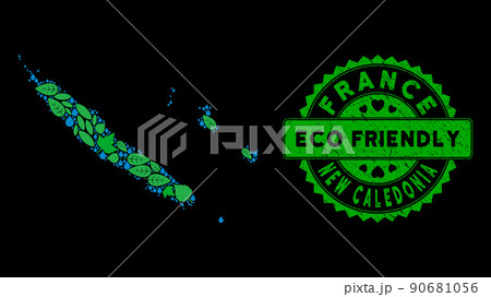 Vector Eco Green Mosaic New Caledonia Islands Map and ECO FRIENDLY Grunge Stamp 90681056