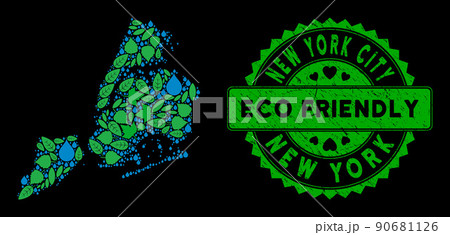 Vector Eco Green Collage New York City Map and ECO FRIENDLY Dirty Stamp 90681126