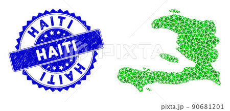 Rosette Grunge Stamp Seal And Green Vector Triangle Filled Haiti Map mosaic 90681201