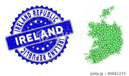 Rosette Scratched Stamp Seal With Green Vector Lowpoly Ireland Republic Map mosaic Rosette Scratched Stamp Seal With Green Vector Lowpoly Ireland Republic Map mosaic 90681274
