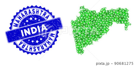 Rosette Distress Stamp With Green Vector Lowpoly Maharashtra State Map mosaic Rosette Distress Stamp With Green Vector Lowpoly Maharashtra State Map mosaic 90681275