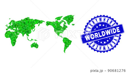 Rosette Grunge Seal With Green Vector Lowpoly World Map mosaic 90681276
