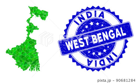 Rosette Distress Stamp And Green Vector Triangle Filled West Bengal State Map mosaic 90681284