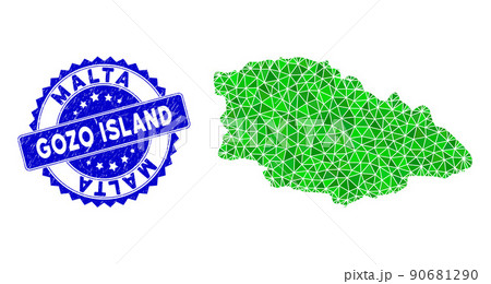 Rosette Textured Stamp Seal and Green Vector Triangle Filled Gozo Island Map mosaic 90681290