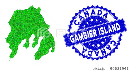 Rosette Textured Badge with Green Vector Polygonal Gambier Island Map mosaic 90681941