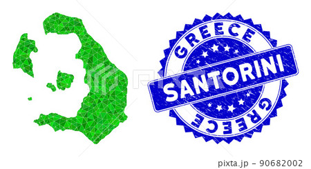 Rosette Rubber Badge with Green Vector Lowpoly Santorini Island Map mosaic 90682002