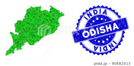 Rosette Grunge Stamp Seal And Green Vector Polygonal Odisha State Map mosaic 90682015
