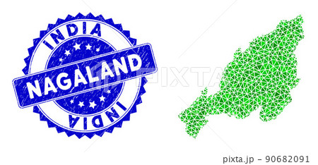 Rosette Distress Stamp Seal And Green Vector Lowpoly Nagaland State Map mosaic 90682091