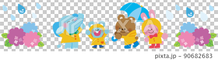 Illustration of an elephant, a mouse, a bear, and a rabbit going out on a rainy day 90682683
