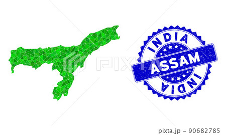 Rosette Rubber Stamp And Green Vector Lowpoly Assam State Map mosaic Rosette Rubber Stamp And Green Vector Lowpoly Assam State Map mosaic 90682785