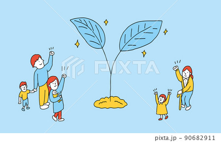 記念樹を植えた家族のイラスト　家族の成長コンセプト 90682911