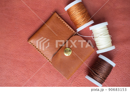 Handmade brown leather card holder craft working 90683153