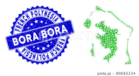 Rosette Rubber Stamp With Green Vector Polygonal Bora-Bora Map mosaic 90683234