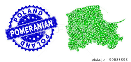 Rosette Grunge Stamp Seal and Green Vector Lowpoly Pomeranian Voivodeship Map mosaic Rosette Grunge Stamp Seal and Green Vector Lowpoly Pomeranian Voivodeship Map mosaic 90683398