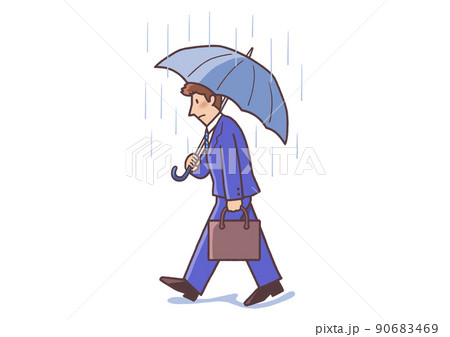 大雨の日に傘をさして営業先に向かう若いサラリーマン 大雨の日に傘をさして営業先に向かう若いサラリーマン 90683469