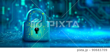 Padlock with Keyhole in data security on Converging point of circuit. Cyber data and information privacy. Future technology security, Network protection, and Modern safety digital Concept. 3D render. 90683709