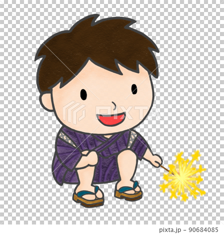 Colored pencil hand-drawn illustration boy enjoying fireworks with a smile 90684085