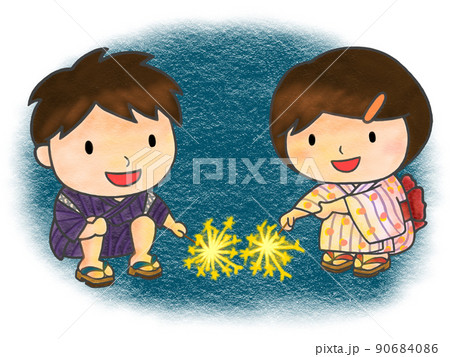 色鉛筆手描きイラスト　笑顔で花火を楽しむ子供たち 90684086