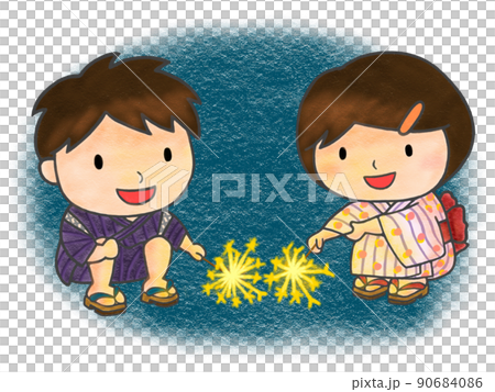 色鉛筆手描きイラスト　笑顔で花火を楽しむ子供たち 90684086