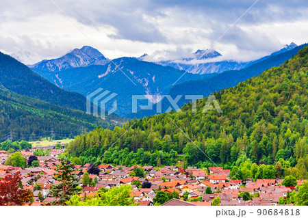 Mittenwald town aerial panoramic view, Germany 90684818