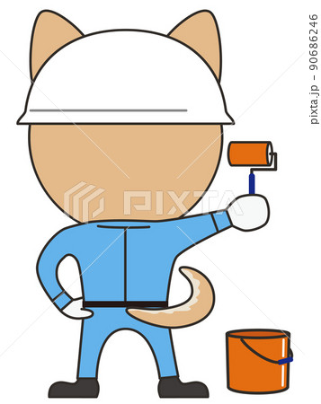 作業着とヘルメットを装着し、手にローラーを持った後ろ姿の柴犬のイラスト 90686246