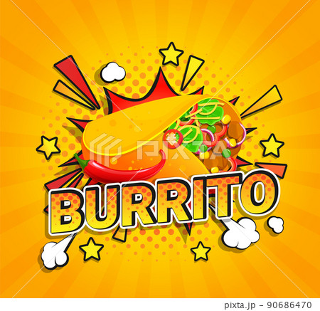 Burrito flyer on sunburst halftone background. 90686470