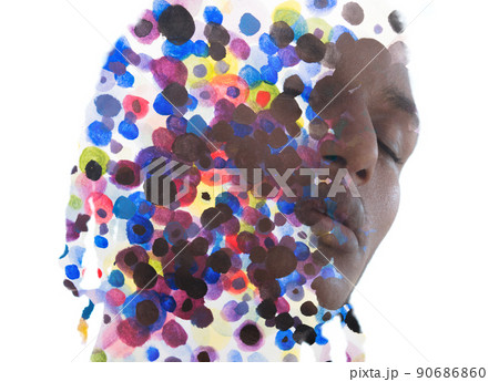 Paintography. Portrait of a young man combined with a dotted pattern painting. Paintography. Portrait of a young man combined with a dotted pattern painting. 90686860