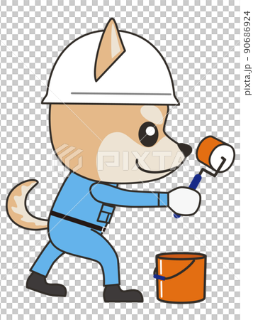 ヘルメットを被り、手にローラーを持った作業着姿の柴犬の横向きイラスト ヘルメットを被り、手にローラーを持った作業着姿の柴犬の横向きイラスト 90686924