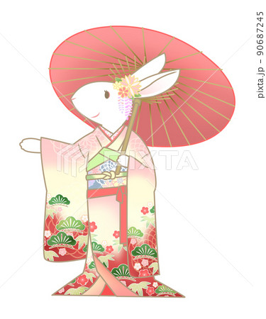 和傘と振袖　ウサギ 90687245