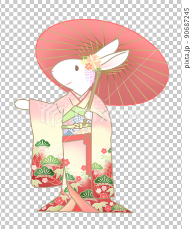 日本傘和風笛兔 90687245