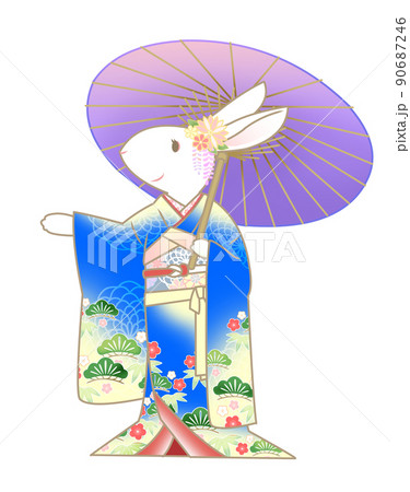 和傘と振袖　ウサギ 90687246